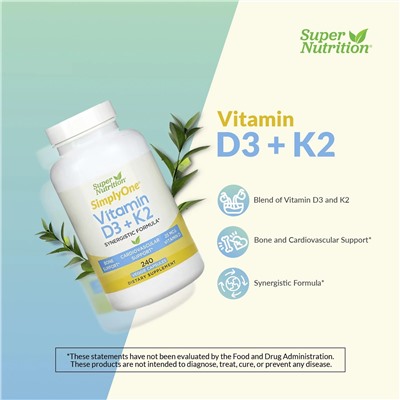 Super Nutrition, витамины D3 и К2, 240 растительных капсул