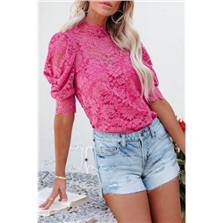 Pink High Neck Lace Short Sleeve Top