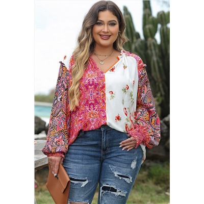 Pink Multicolor Floral Patchwork Shirred Cuffs Buttoned Blouse