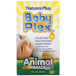 NaturesPlus, Source of Life, Animal Parade, Baby Plex, жидкие мультивитаминные капли без сахара, с натуральным вкусом апельсина, 2 жидкие унции (60 мл)