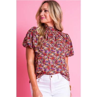 Purple Floral Print Knotted High Neck Puff Sleeve Blouse