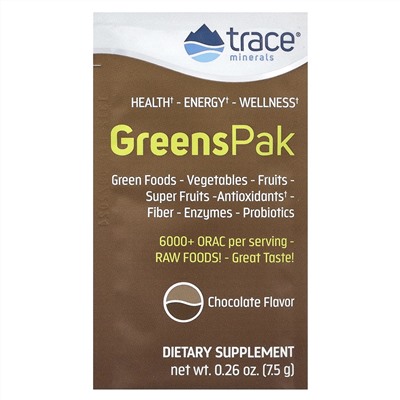 Trace Minerals ®, GreensPak, с шоколадным вкусом, 30 пакетиков, 7,5 г (0,26 унции) каждый