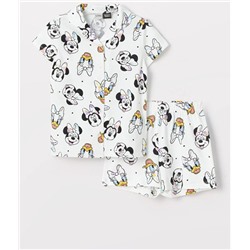 LCW Детский пижамный комплект с короткими рукавами и шортами для девочек с воротником рубашки и принтом Минни Маус