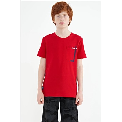 TOMMYLIFE Красная футболка стандартного кроя с круглым вырезом и карманами для мальчиков — 11120