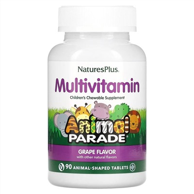 NaturesPlus, Source of Life, Animal Parade, жевательные мультивитамины с микроэлементами для детей, со вкусом винограда, 90 таблеток в форме животных