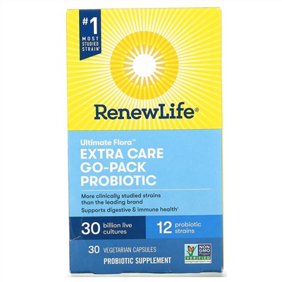 Renew Life, Ultimate Flora, Go-Pack пробиотик с повышенной силой действия, 30 млрд живых культур, 30 вегетарианских капсул