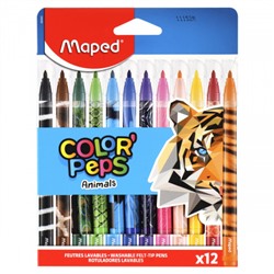 Фломастеры 12 цветов, корпус круглый, конический, смываемые, колпачок вентилируемый Animals Color'peps Maped 845403