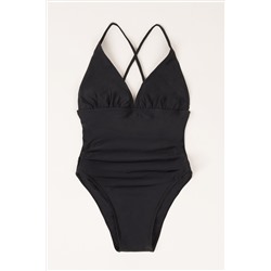 Black Ruched V-Neck One Piece Swimsuit Размер 152, Цвет Black