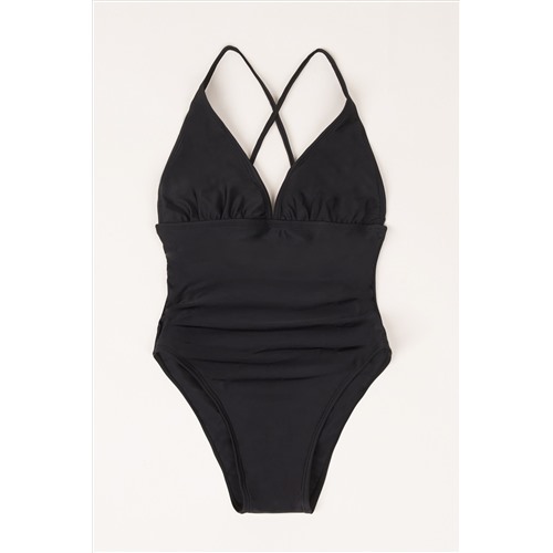 Black Ruched V-Neck One Piece Swimsuit Размер 152, Цвет Black