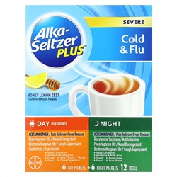 Alka-Seltzer Plus, От сильной простуды и гриппа, днем и ночью, с медом и цедрой лимона, 12 пакетиков