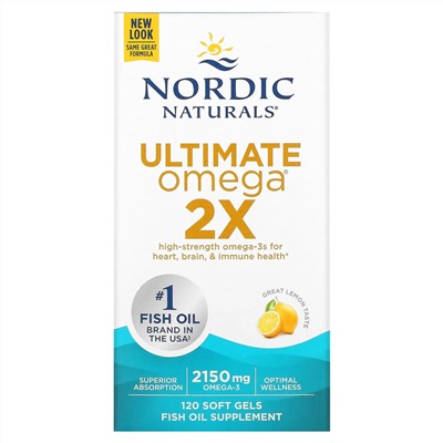 Nordic Naturals, Ultimate Omega 2X, высокоэффективные омега-3 кислоты, со вкусом лимона, 2150 мг, 120 капсул (1075 мг в 1 капсуле)