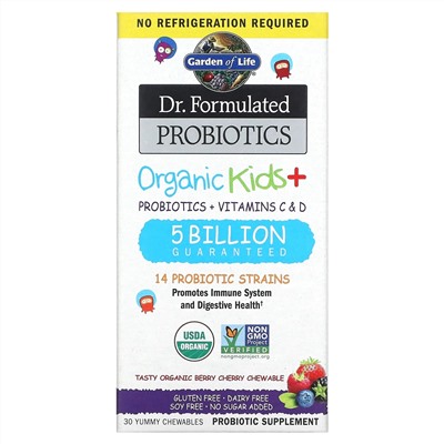 Гарден оф Лайф, Dr. Formated Probiotics, Organic Kids +, вкусные органические ягоды и вишня, 30 вкусных жевательных таблеток