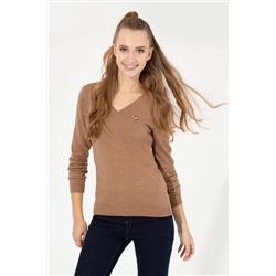 Женский базовый свитер светло-коричневого цвета с v-образным вырезом меланжевого цвета Неожиданная скидка в корзине