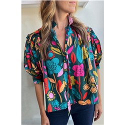 Green Floral Print Puff Sleeve Tied V Neck Blouse