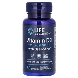 Life Extension, витамин D3 с Sea-Iodine, 125 мкг (5000 МЕ), 60 капсул