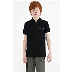 TOMMYLIFE Черная футболка для мальчиков с цветным логотипом и вышитым стандартным узором с воротником поло - 11138