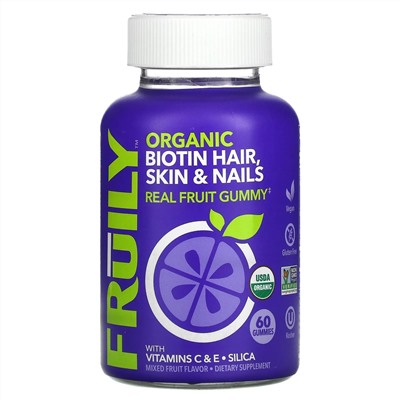 Fruily, Органический биотин для волос, кожи и ногтей с витаминами C и E, диоксид кремния, фруктовое ассорти, 60 жевательных таблеток
