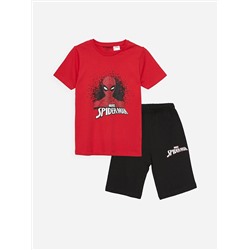 LC Waikiki Пижамный комплект с короткими рукавами и шортами для мальчиков с круглым вырезом и принтом «Человек-паук»