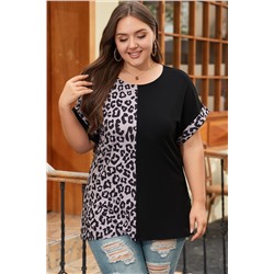 Black Half Leopard Patchwork Plus Size T-shirt