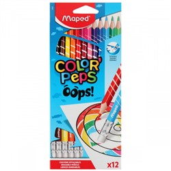 Карандаши цветные 12 цветов, пластик, трехгранный, с ластиком OOPS Color'peps Maped 832812