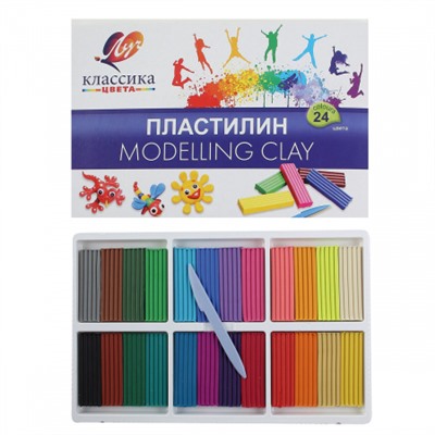 Пластилин 24 цвета, 480 гр, стек, пластиковая коробка в картонном чехле Классика Луч 28С 1642-08