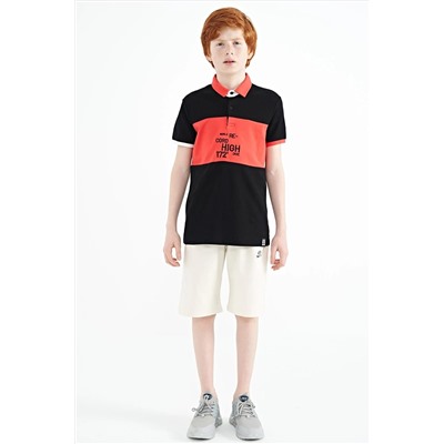 TOMMYLIFE Черная футболка с градиентной вышивкой и детальным стандартным узором с воротником поло для мальчиков - 11110