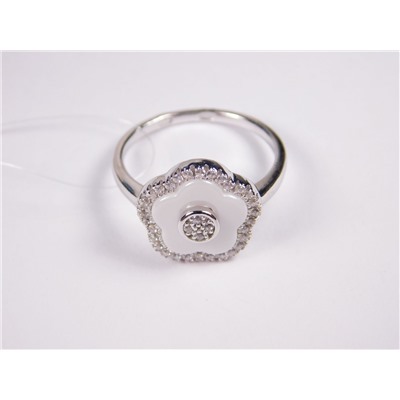 Кольцо из серебра 925 пробы 94011621-17,0 вес 2,40 керамика белая, фианиты, покрытие родирование