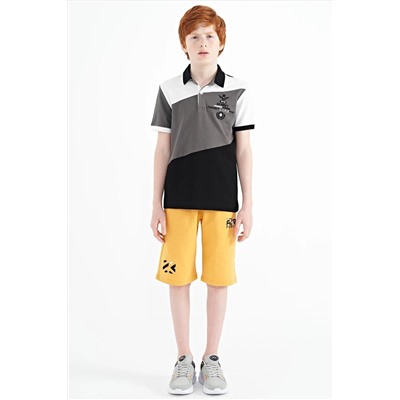 TOMMYLIFE Черная футболка с вышивкой и стандартным узором для мальчиков с воротником-поло - 11088