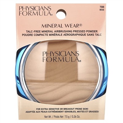 Physicians Formula, Mineral Wear, прессованная минеральная пудра для ретуши, без талька, бежевый 7588, 7,5 г (0,26 унции)