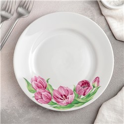 Тарелка фарфоровая «Розовые тюльпаны», d=20 см, белая