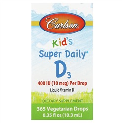 Carlson, Kids Super Daily D3, 10 мкг (400 МЕ), 365 вегетарианских капель, 10,3 мл (0,35 жидк. Унции)