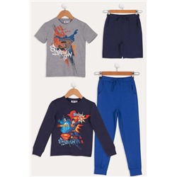 Детский комплект из 4 предметов: темно-синяя футболка, шорты и брюки с принтом «Супермен»