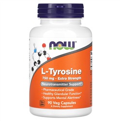 NOW Foods, L-тирозин, с повышенной силой действия, 750 мг, 90 растительных капсул