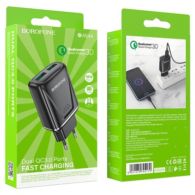 Сетевой адаптер питания BOROFONE BA54A 2USB QC 3.0  (черный)