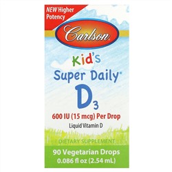 Carlson, Kid's Super Daily D3, 15 мкг (600 МЕ), 90 вегетарианских капель, 2,54 мл (0,086 жидк. Унции)