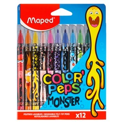 Фломастеры 12 цветов, корпус круглый, конический, смываемые, колпачок вентилируемый Monsters Color'peps Maped 845400
