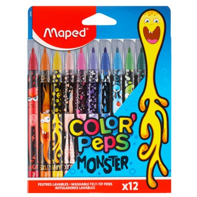 Фломастеры 12 цветов, корпус круглый, конический, смываемые, колпачок вентилируемый Monsters Color'peps Maped 845400