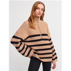 10103 Полосатый свитер на молнии-Верблюжий-Черный