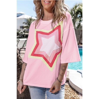 Light Pink Colorblock Star Patched Half Sleeve Oversized Tee