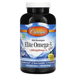 Carlson, Elite Omega-3 Gems, отборные омега-3 кислоты из норвежской рыбы дикого улова, натуральный лимонный вкус, 1600 мг, 180 капсул (800 мг в 1 капсуле)