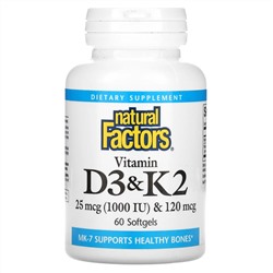 Natural Factors, витамины D3 и К2, 60 капсул