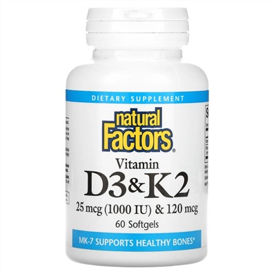 Natural Factors, витамины D3 и К2, 60 капсул