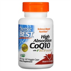 Doctor's Best, высокоусвояемый коэнзим Q10 с биоперином, 200 мг, 60 растительных капсул