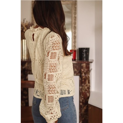 Beige Frilled Collar Paisley Mixed Lace Blouse