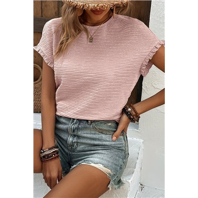 Light Pink Solid Textured Ruffled Short Sleeve T-shirt
