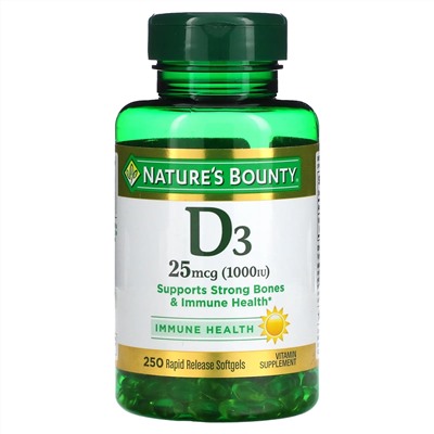 Nature's Bounty, D3, 25 mcg (1000 IU), 250 Rapid Release Softgels