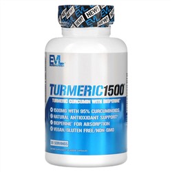 EVLution Nutrition, Turmeric1500, куркумин с экстрактом черного перца Bioperine, 90 вегетарианских капсул