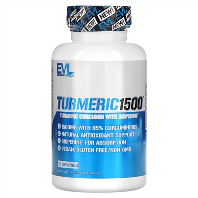 EVLution Nutrition, Turmeric1500, куркумин с экстрактом черного перца Bioperine, 90 вегетарианских капсул