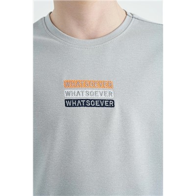 TOMMYLIFE Серая футболка оверсайз с круглым вырезом и вышивкой для мальчиков — 11146