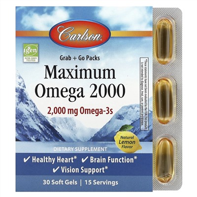 Carlson, Maximum Omega 2000, омега с натуральным лимонным вкусом, 2000 мг, 30 капсул (1000 мг в 1 капсуле)